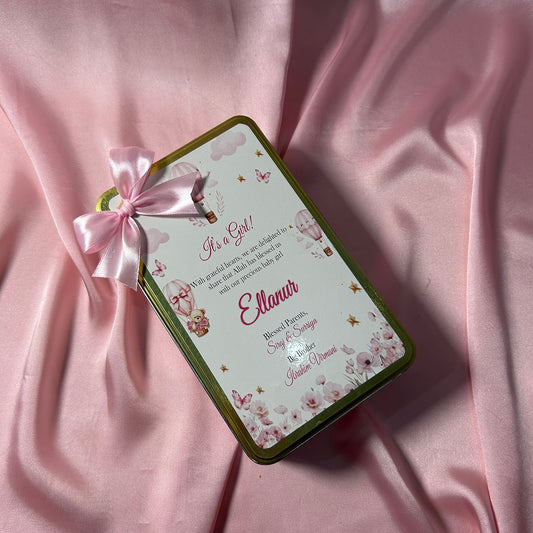 Baby Girl Announcement Tin Box with Pink Ribbon Bow