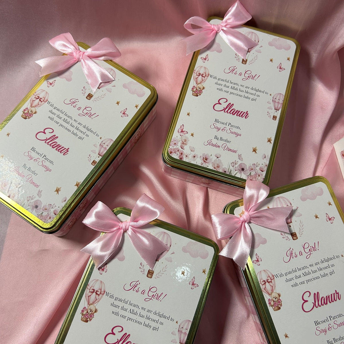 Baby Girl Announcement Tin Box with Pink Ribbon Bow