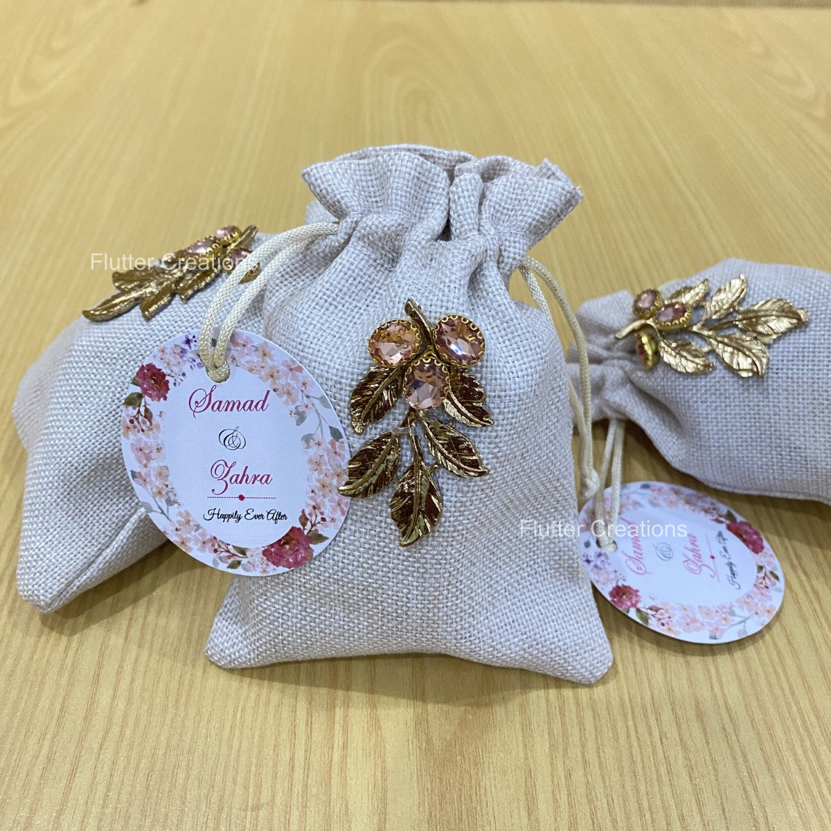 Jute pouch with golden metal leaf
