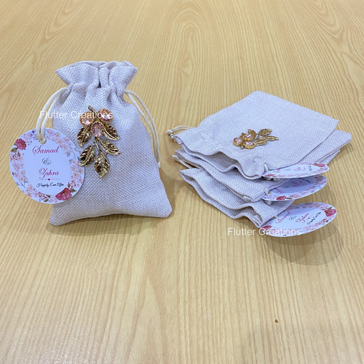 Jute pouch with golden metal leaf