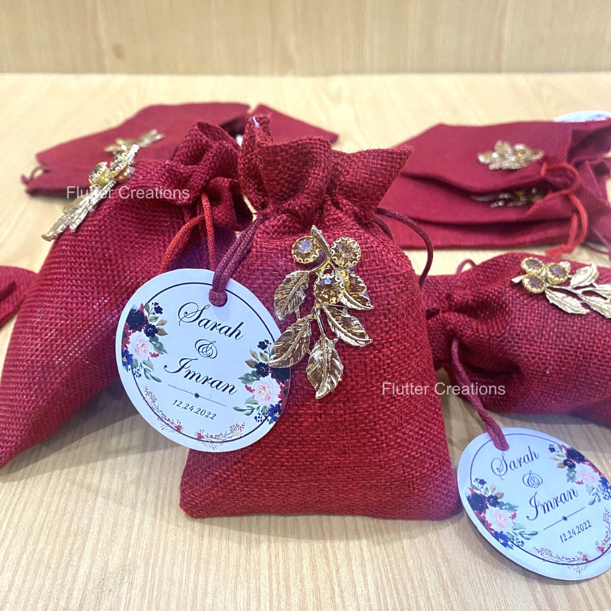 Jute pouch with golden metal leaf