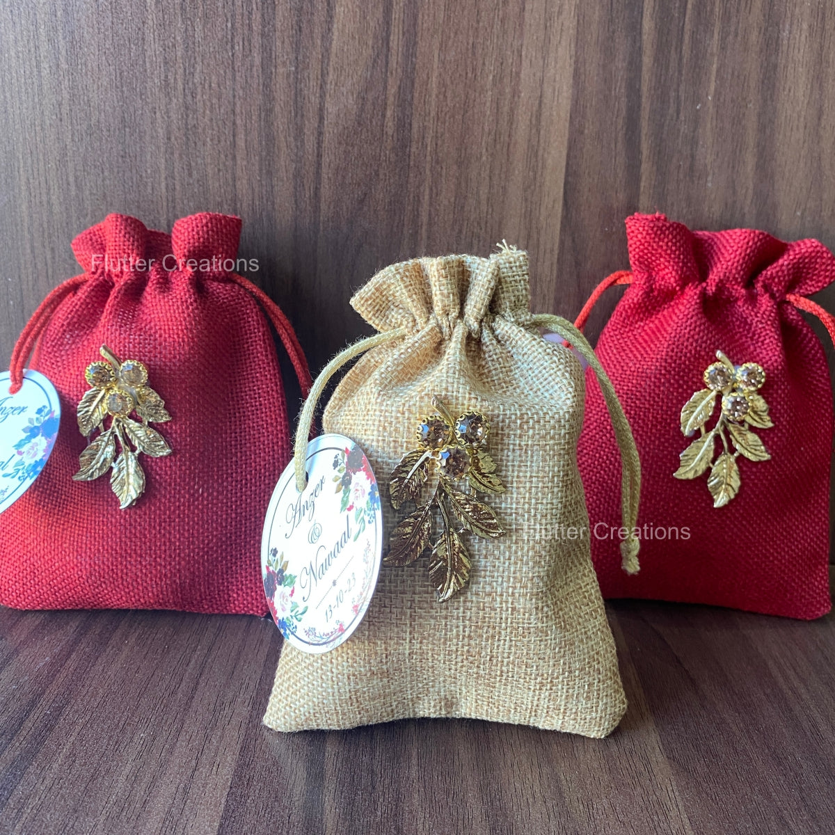 Jute pouch with golden metal leaf