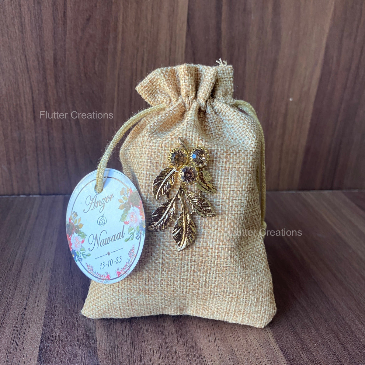 Jute pouch with golden metal leaf