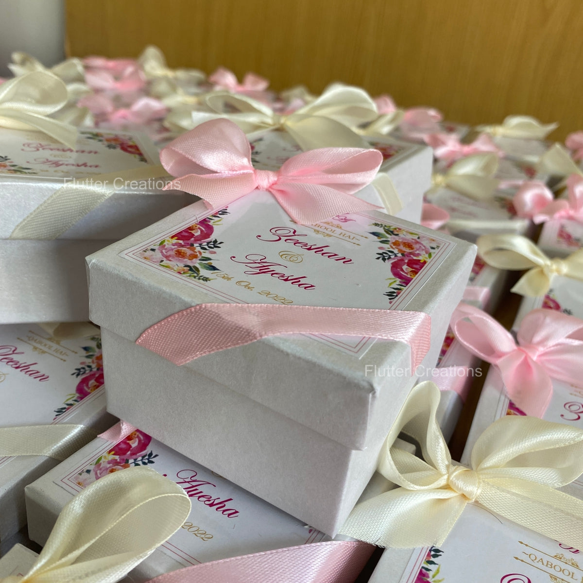 Off White/Pink Ribbon Customized Bid Box