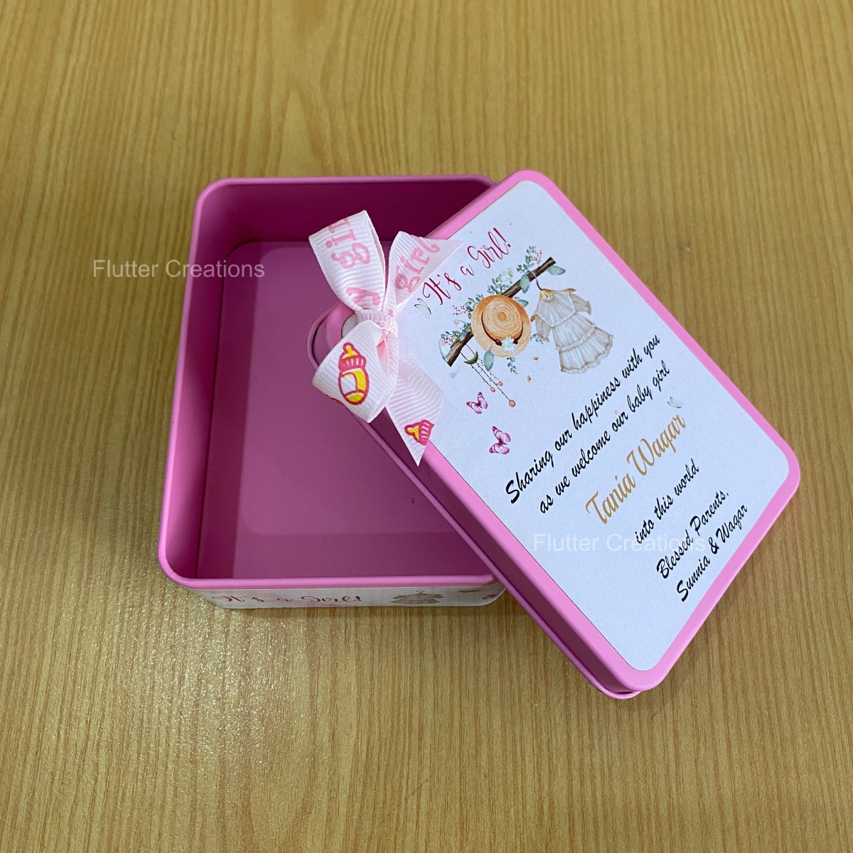 Customized Pink with Ribbon - Baby Girl Announcement Tin Metal Box