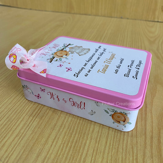 Customized Pink with Ribbon - Baby Girl Announcement Tin Metal Box