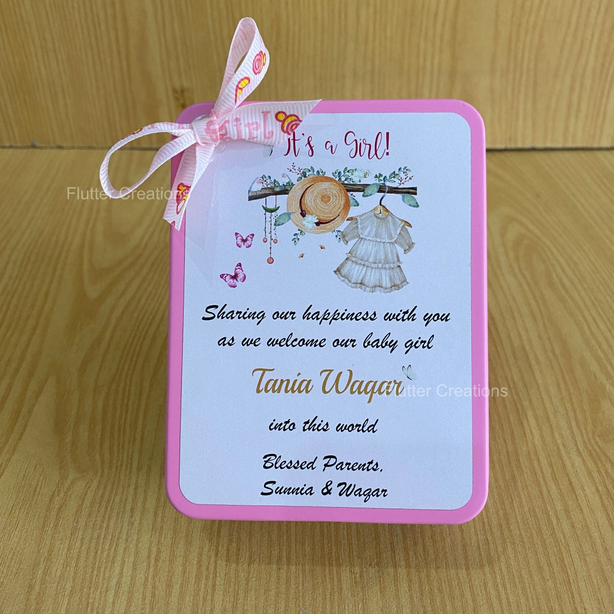 Customized Pink with Ribbon - Baby Girl Announcement Tin Metal Box