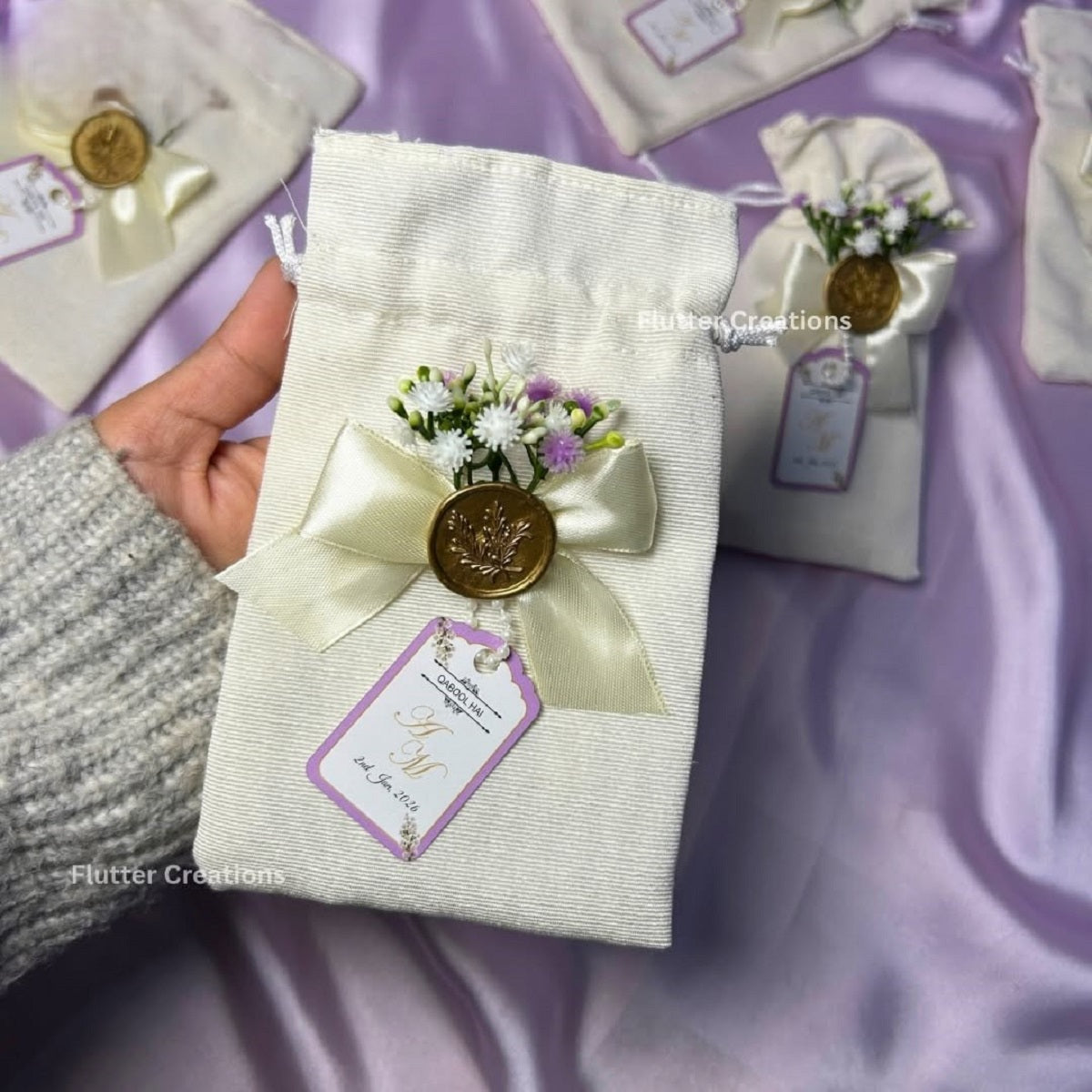 Premium White Pouches/potlis with wax stamp