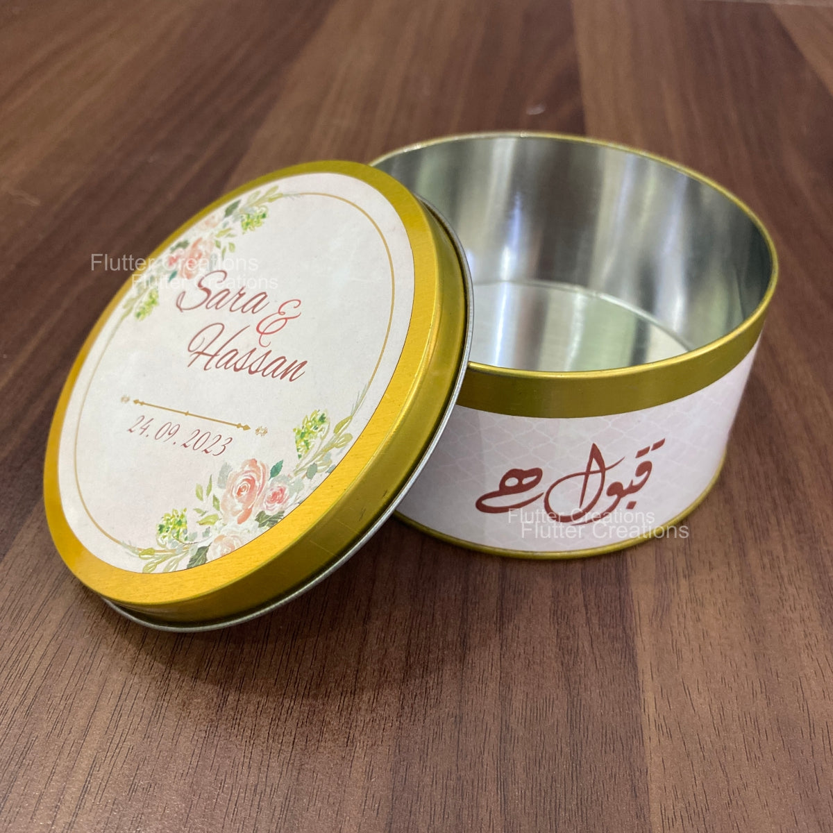 Round Tin Box with Customized "QABOOL HEIN" Print on Top