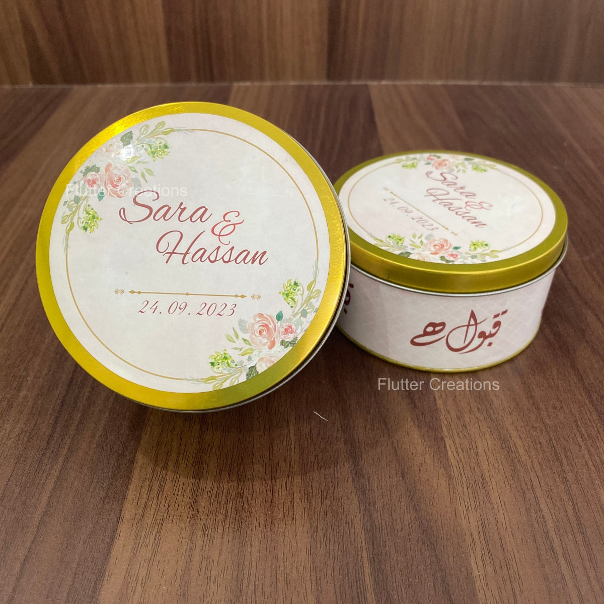 Round Tin Box with Customized "QABOOL HEIN" Print on Top