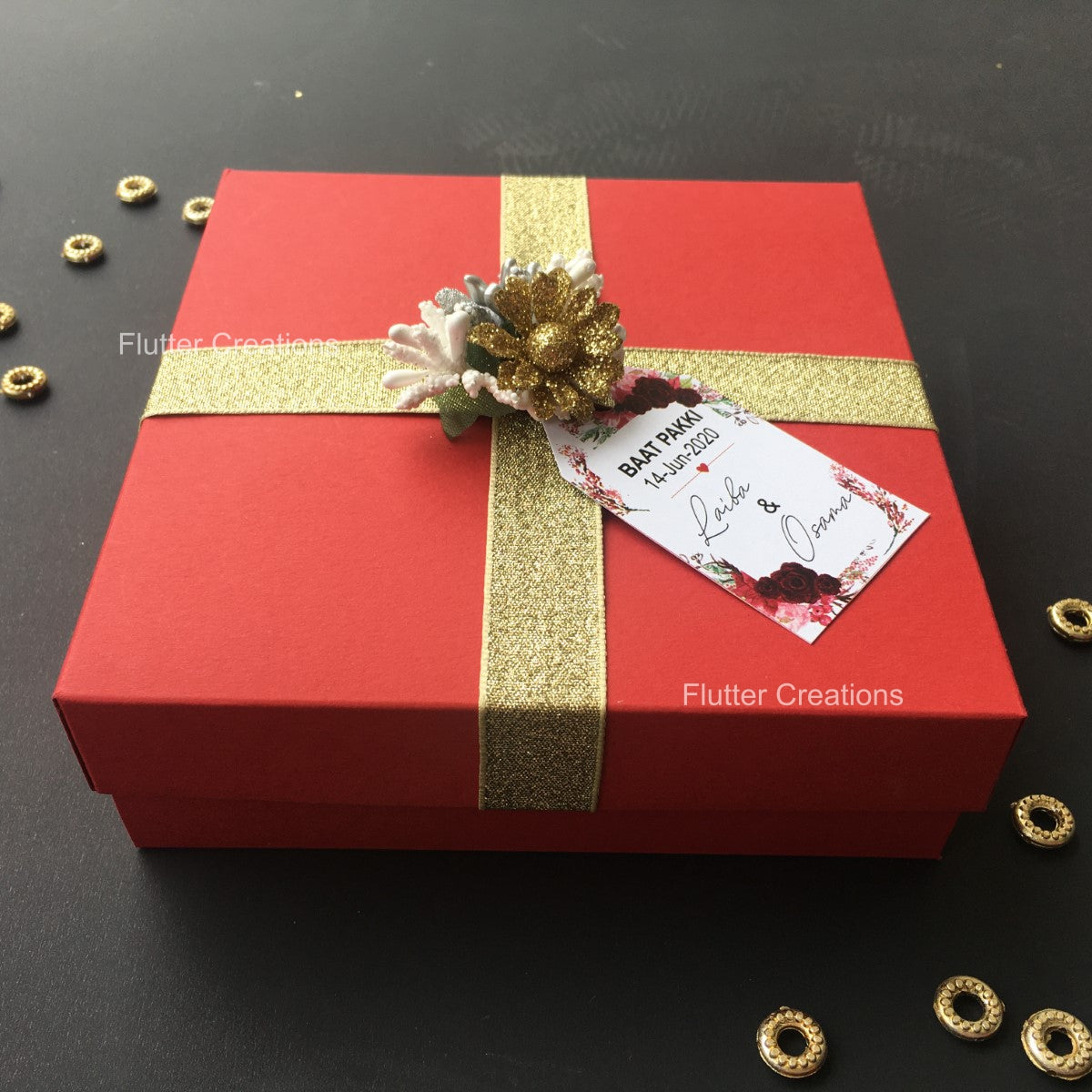 Red Box with glitter flower & golden ribbon