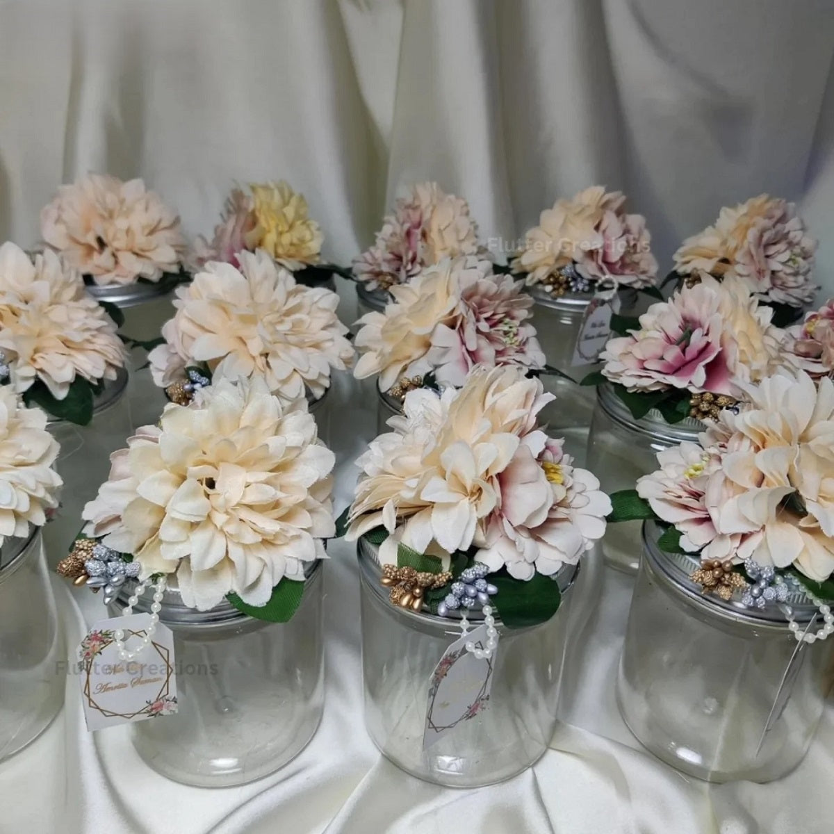 Wedding Bid Jars with Flowers & Tag