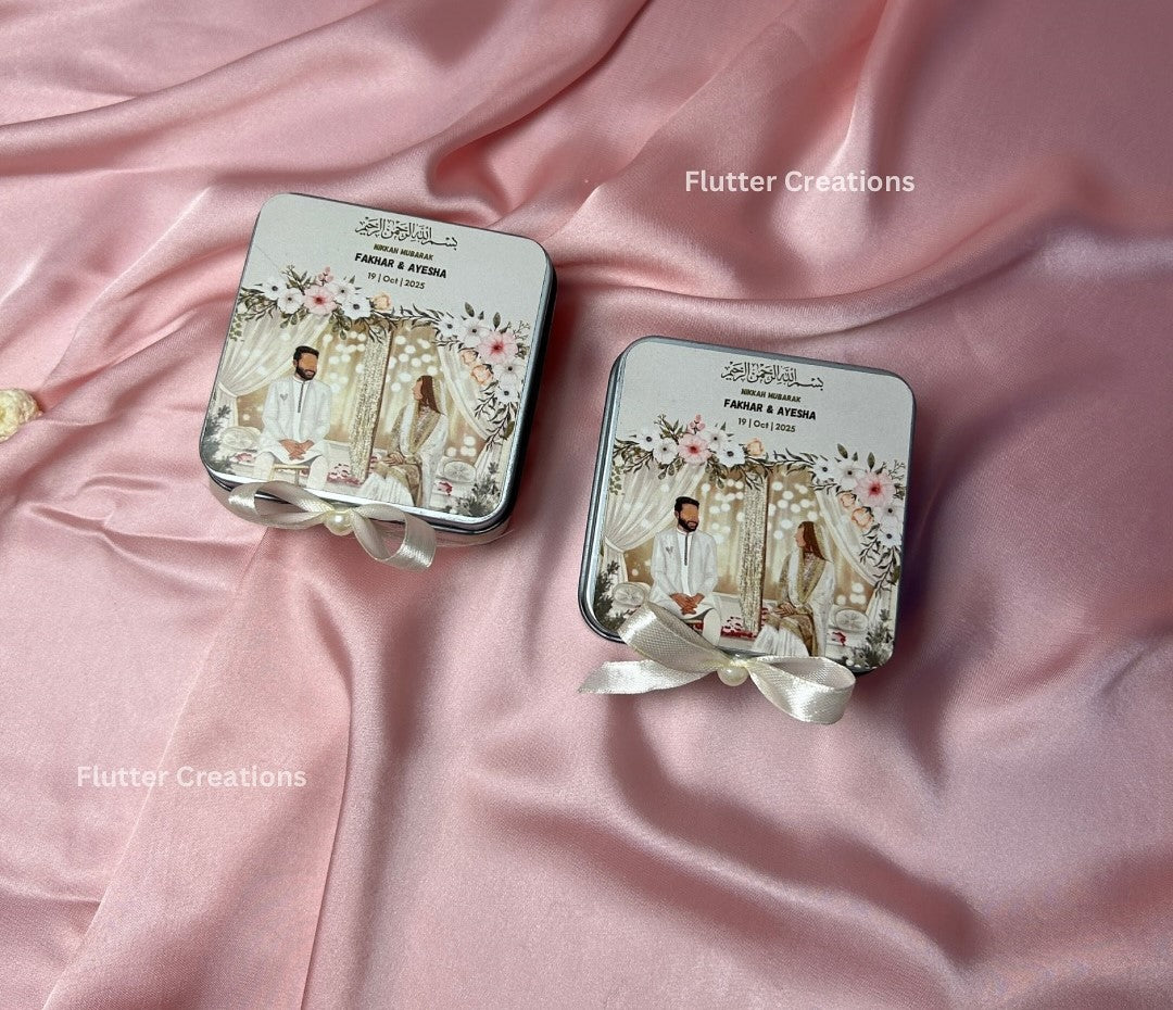 Square Silver Tin  Box with Ribbon
