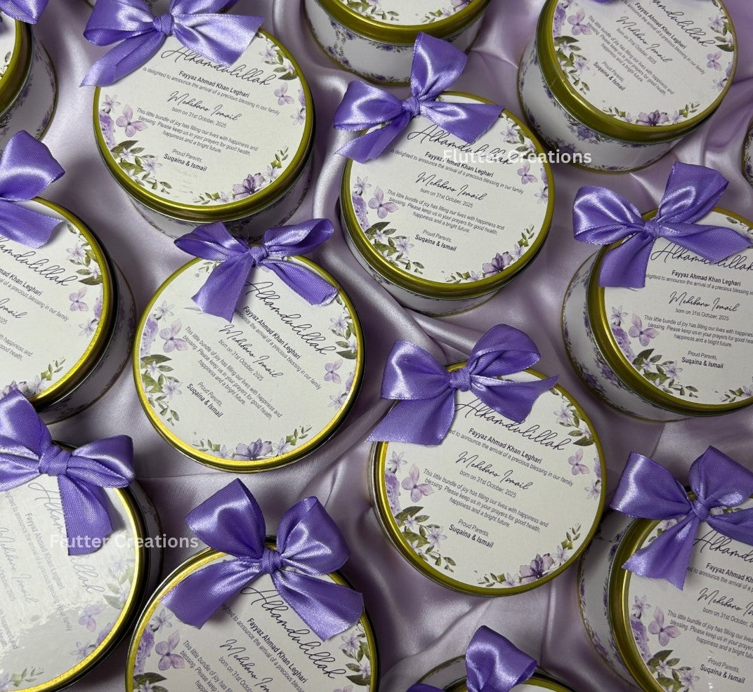 Round Tin Mithai Box with Purple Bow