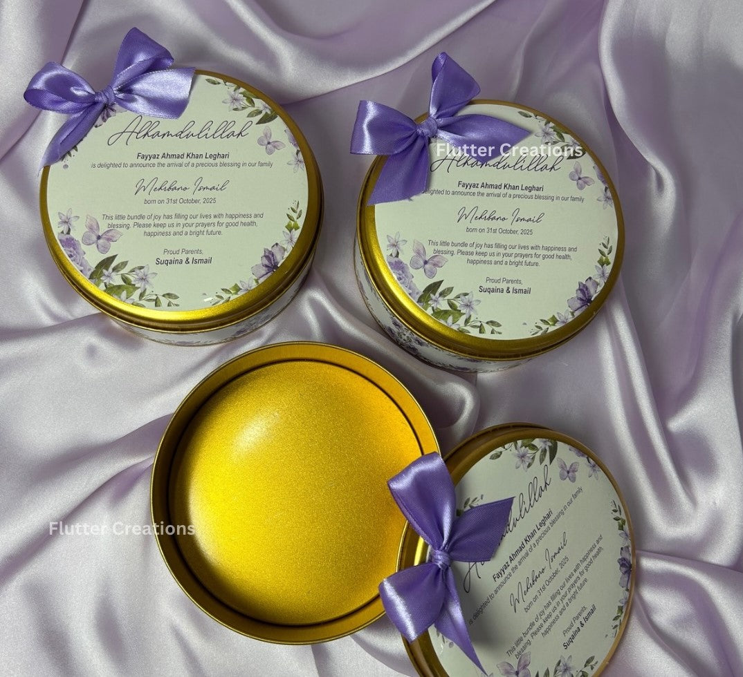 Round Tin Mithai Box with Purple Bow