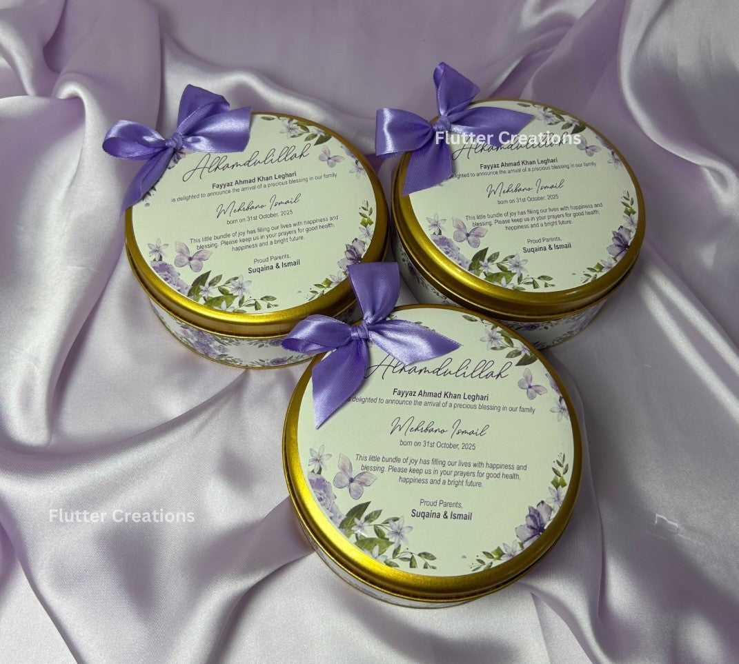 Round Tin Mithai Box with Purple Bow