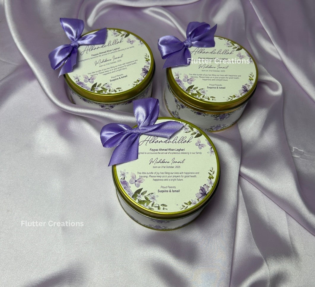 Round Tin Mithai Box with Purple Bow