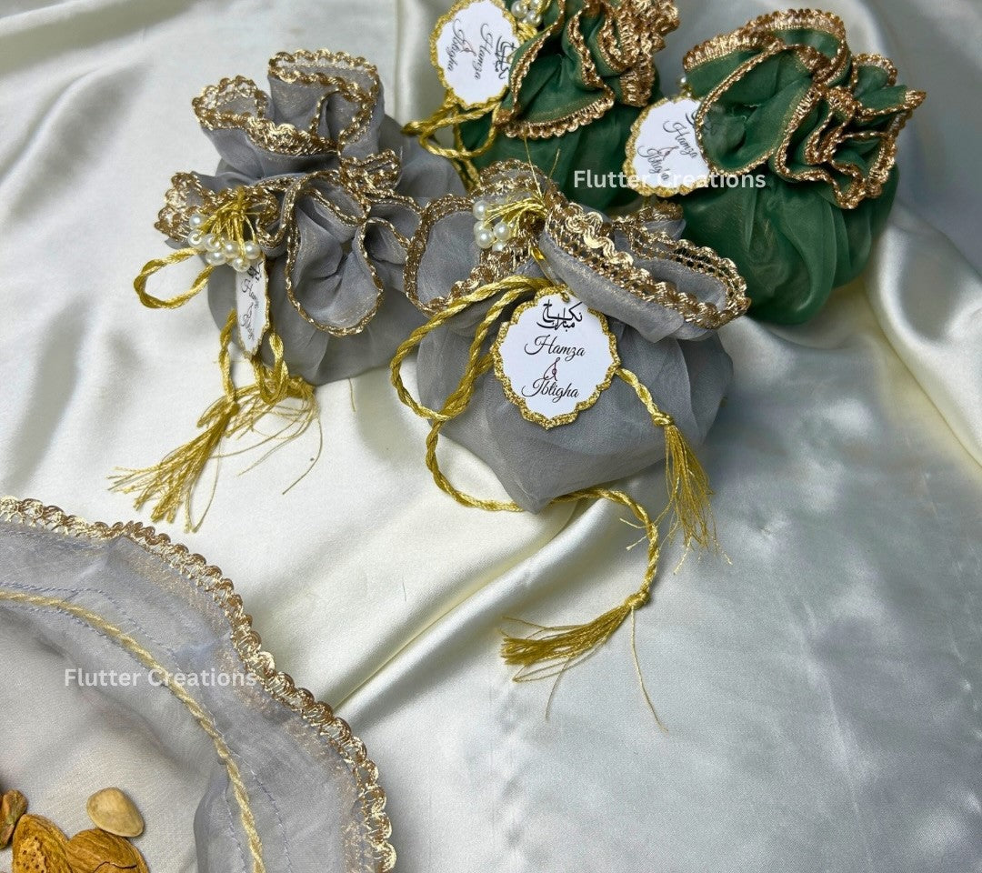 Grey or Green Organza Potlis with single pearl tassel and name tag