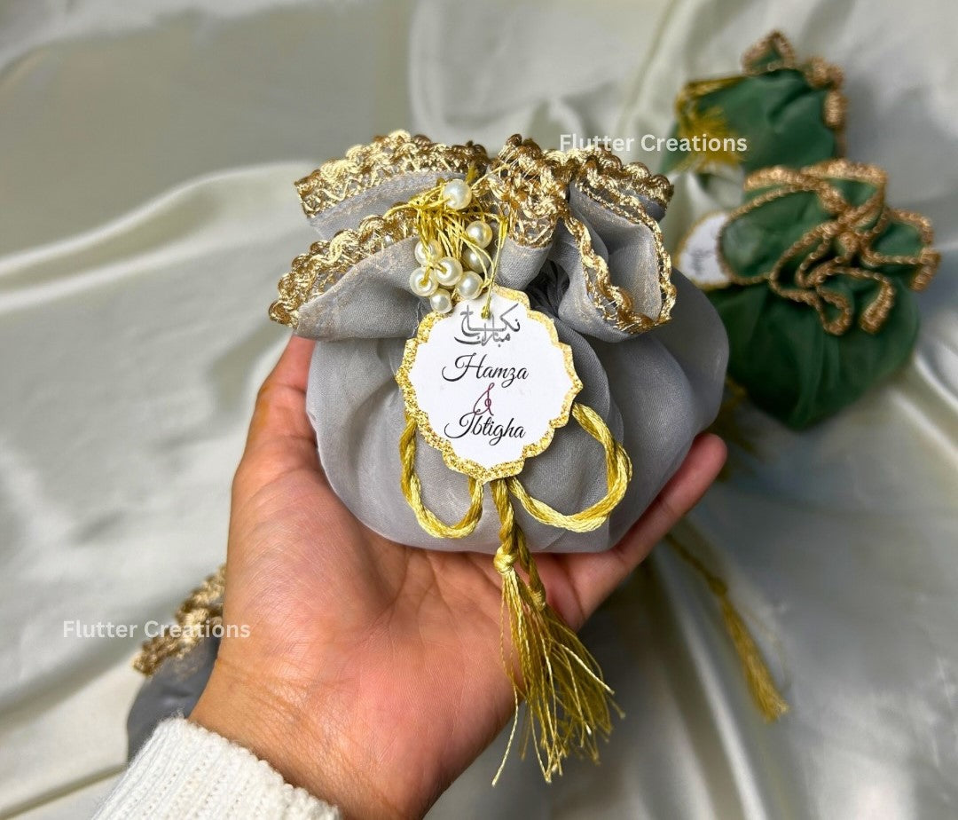 Grey or Green Organza Potlis with single pearl tassel and name tag