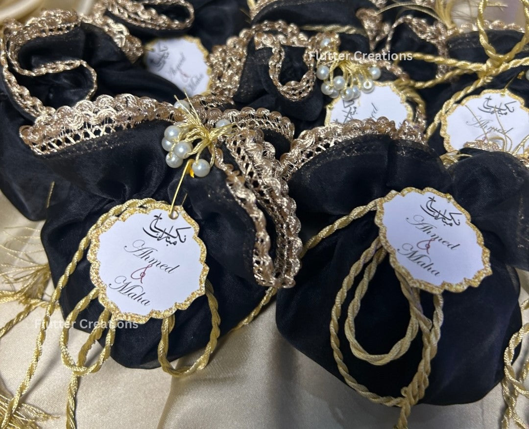 Black Organza potlis with Silk Lining,pearl tassel and lace