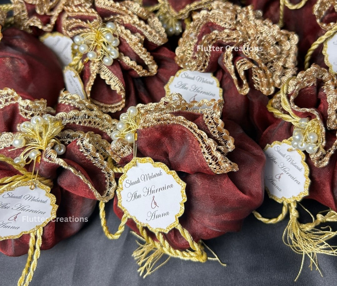 Maroon Organza Potlis with single pearl tassel and name tag