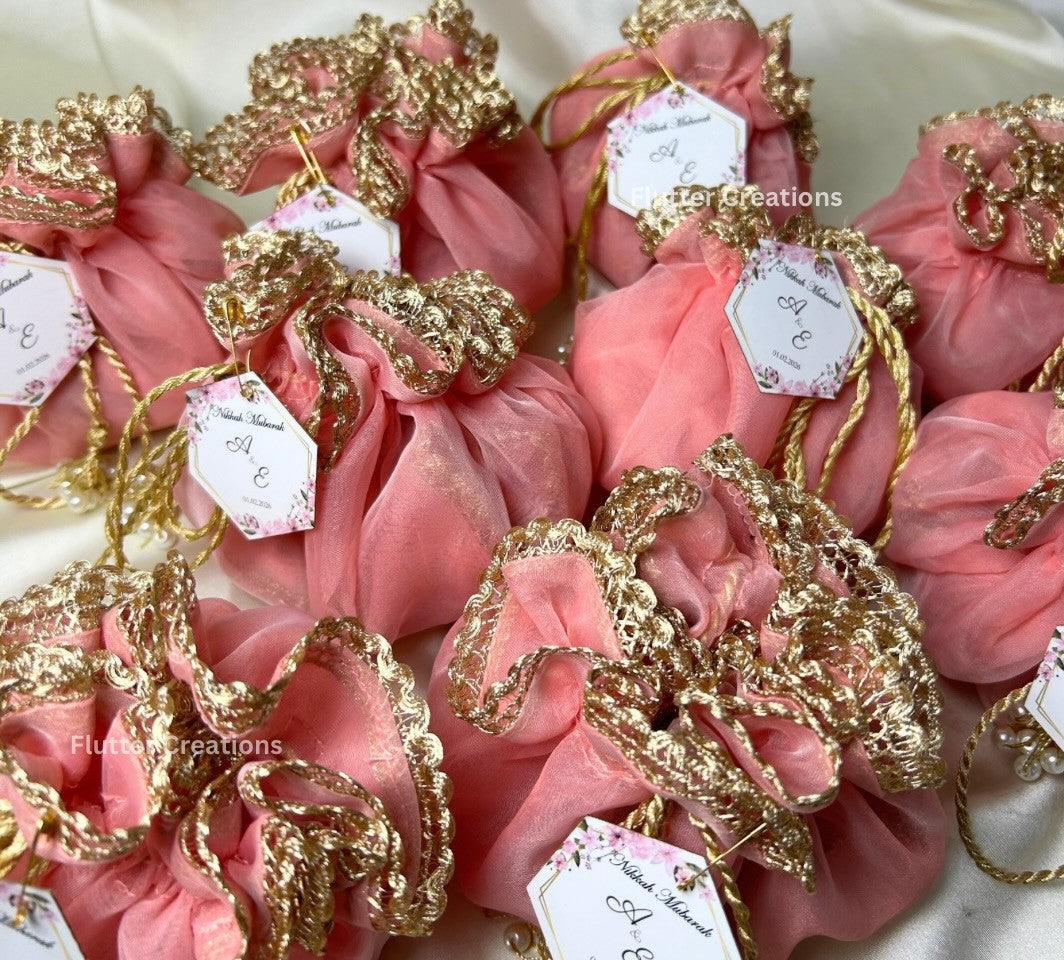 Soft Pink Organza potlis with Pearl tassel and name tag