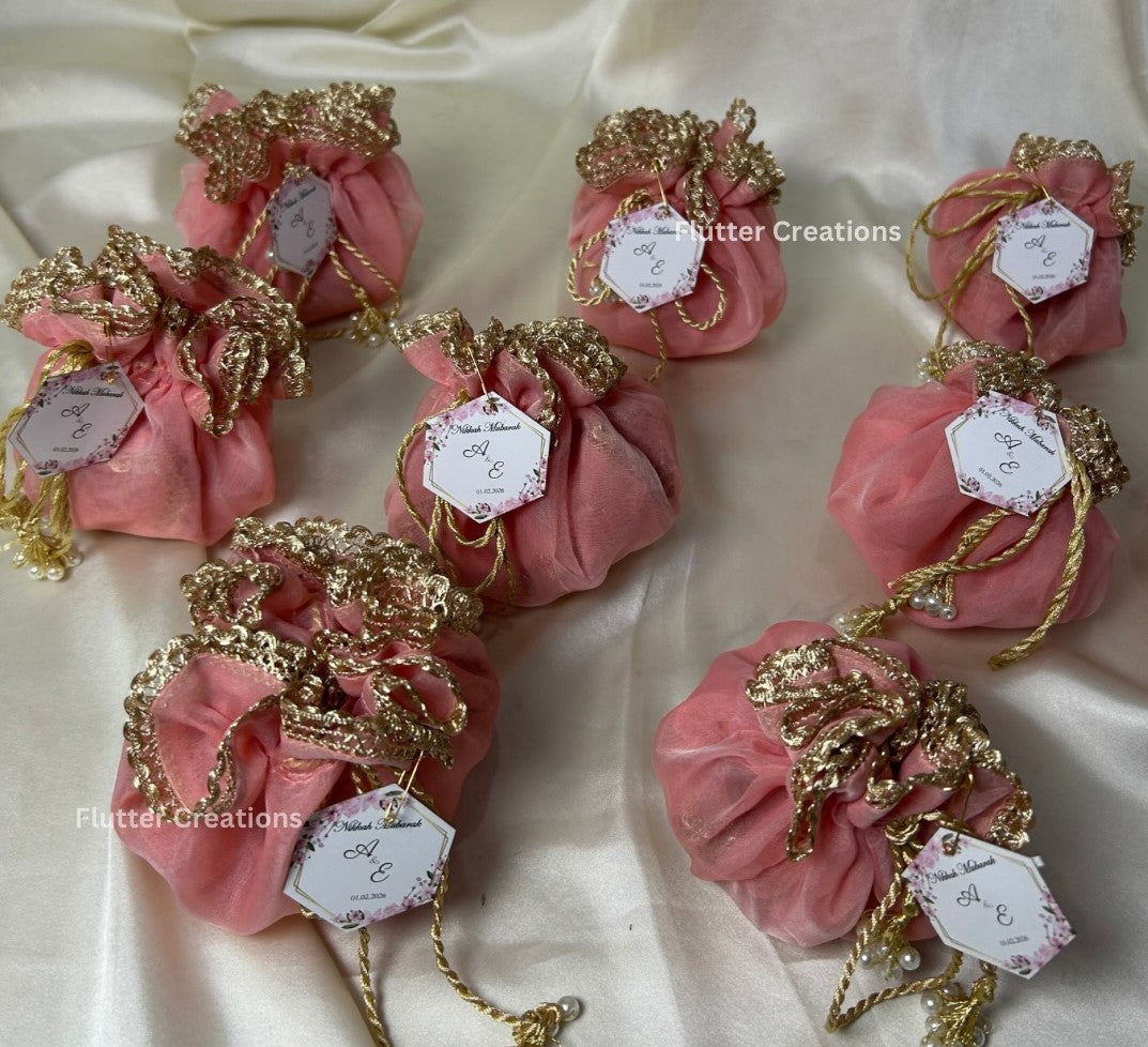 Soft Pink Organza potlis with Pearl tassel and name tag