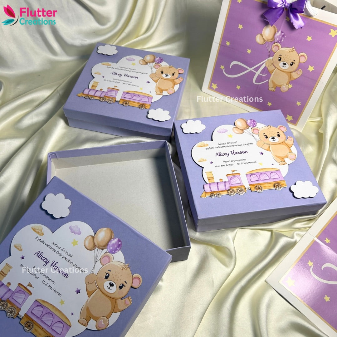 Baby Girl Announcement Box - Teady and Train Design