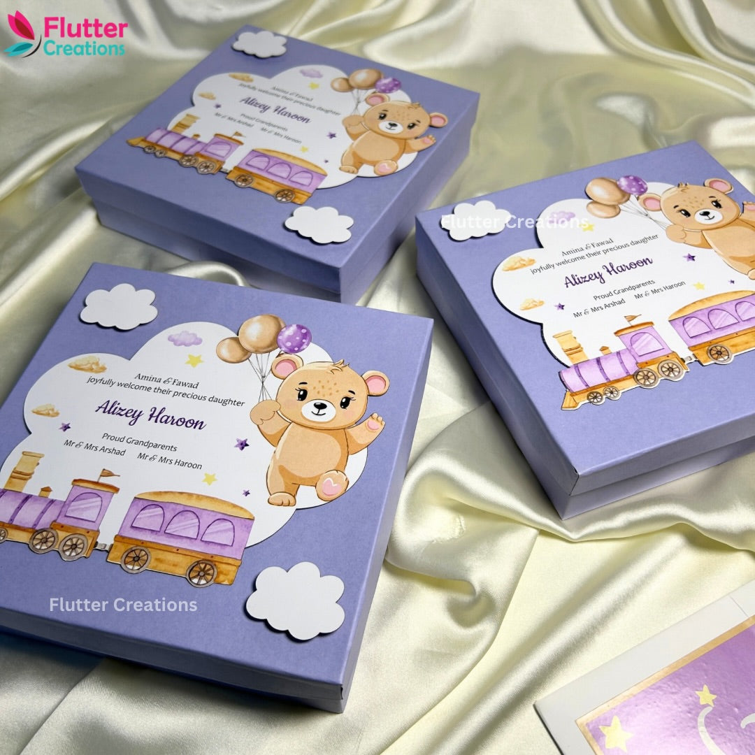 Baby Girl Announcement Box - Teady and Train Design