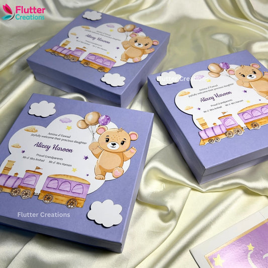 Baby Girl Announcement Box - Teddy and Train Design