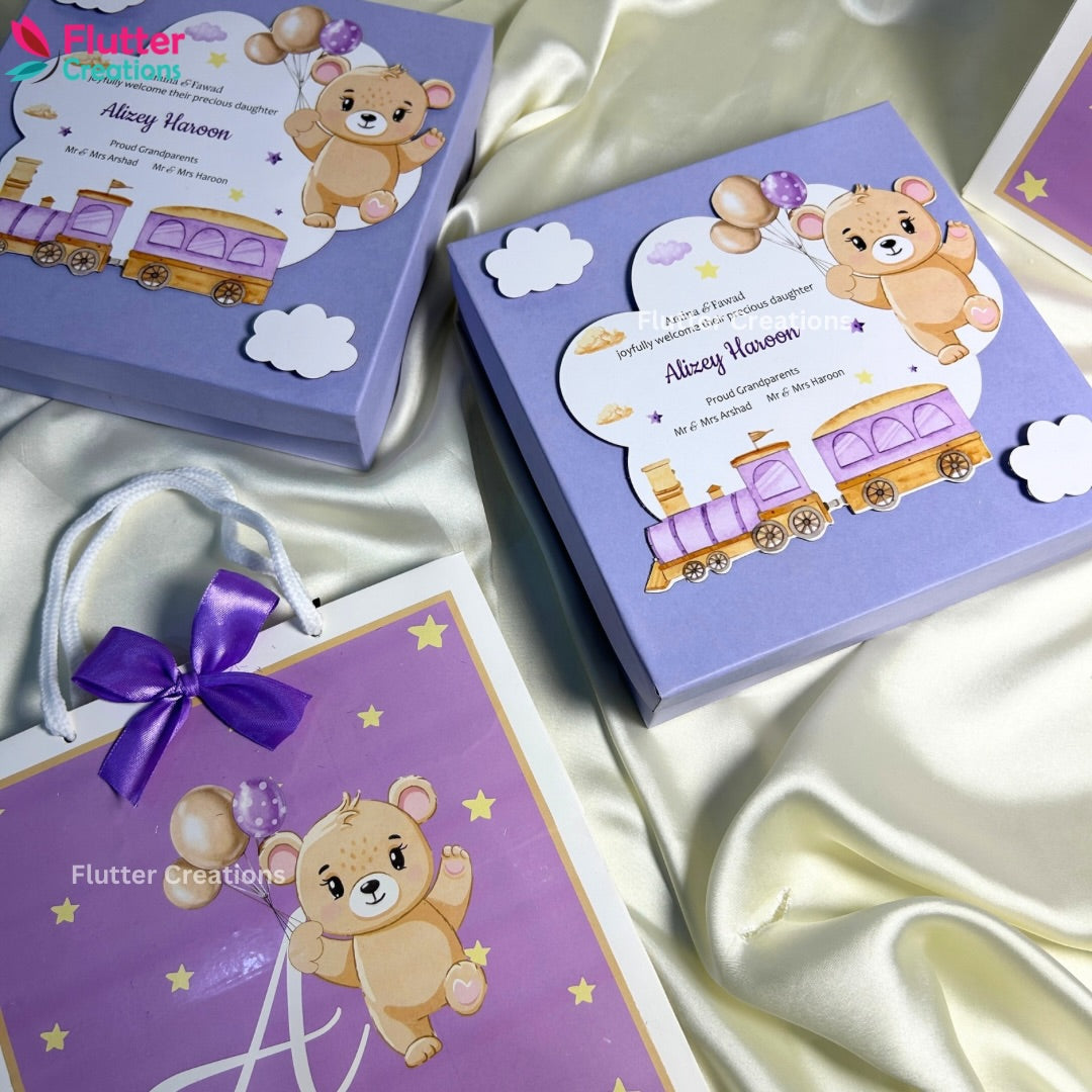 Baby Girl Announcement Box - Teady and Train Design