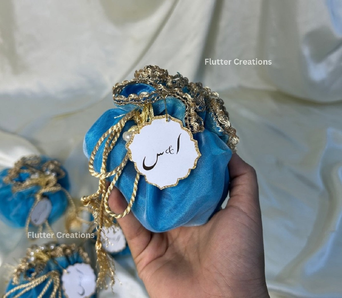 Light Blue Double Organza Potlis with Pearl tassel & Tag