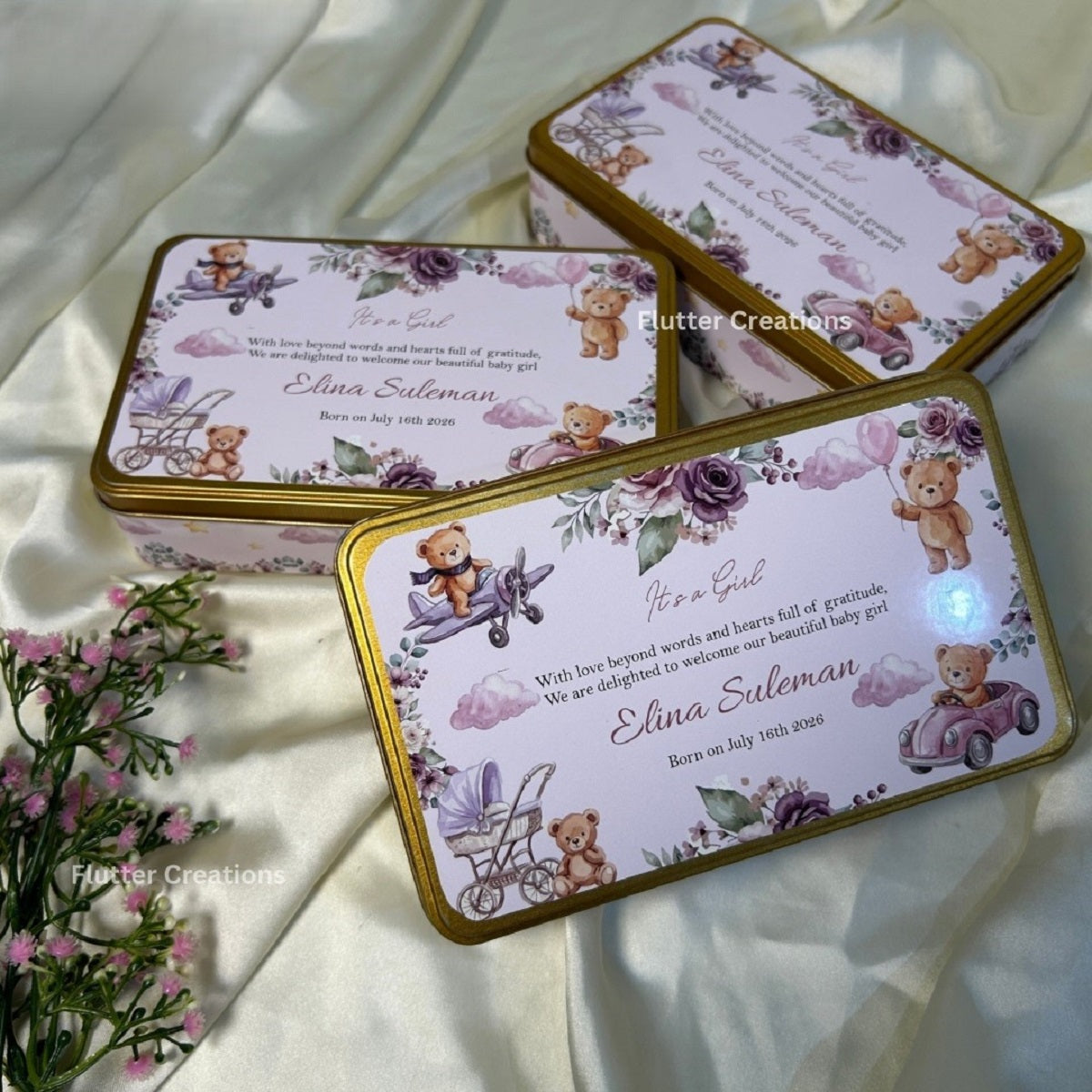 Baby Girl Announcement Tin Box -  Teady with plane and car