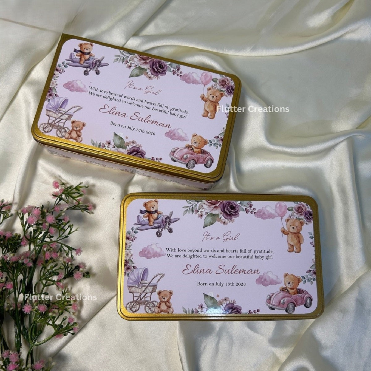 Baby Girl Announcement Tin Box -  Teady with plane and car