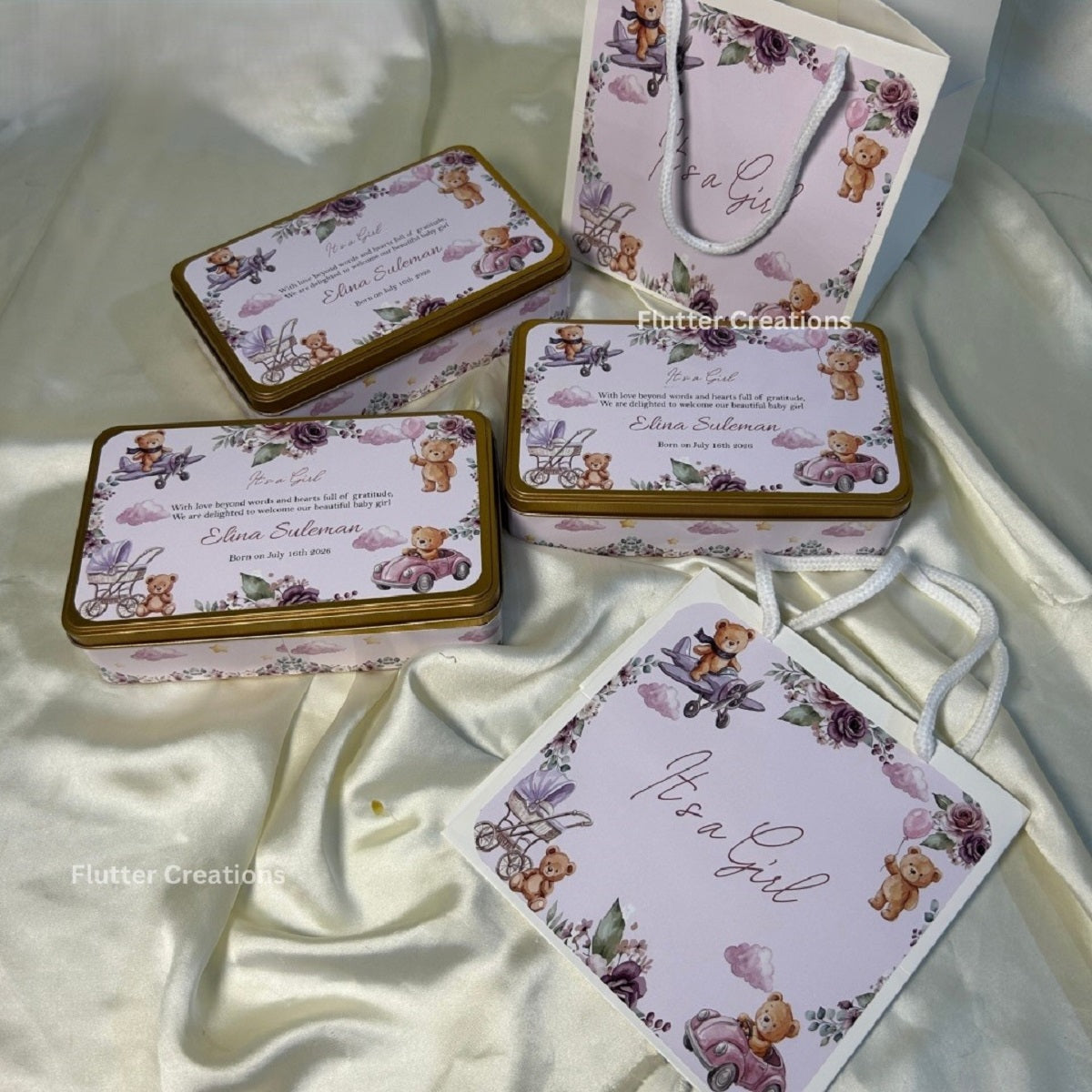 Baby Girl Announcement Tin Box -  Teady with plane and car