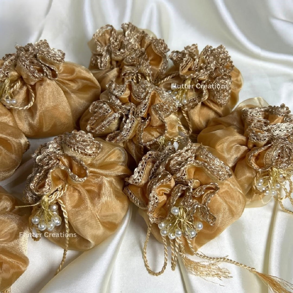 Golden Organza Potlis/Bags with Silk Lining