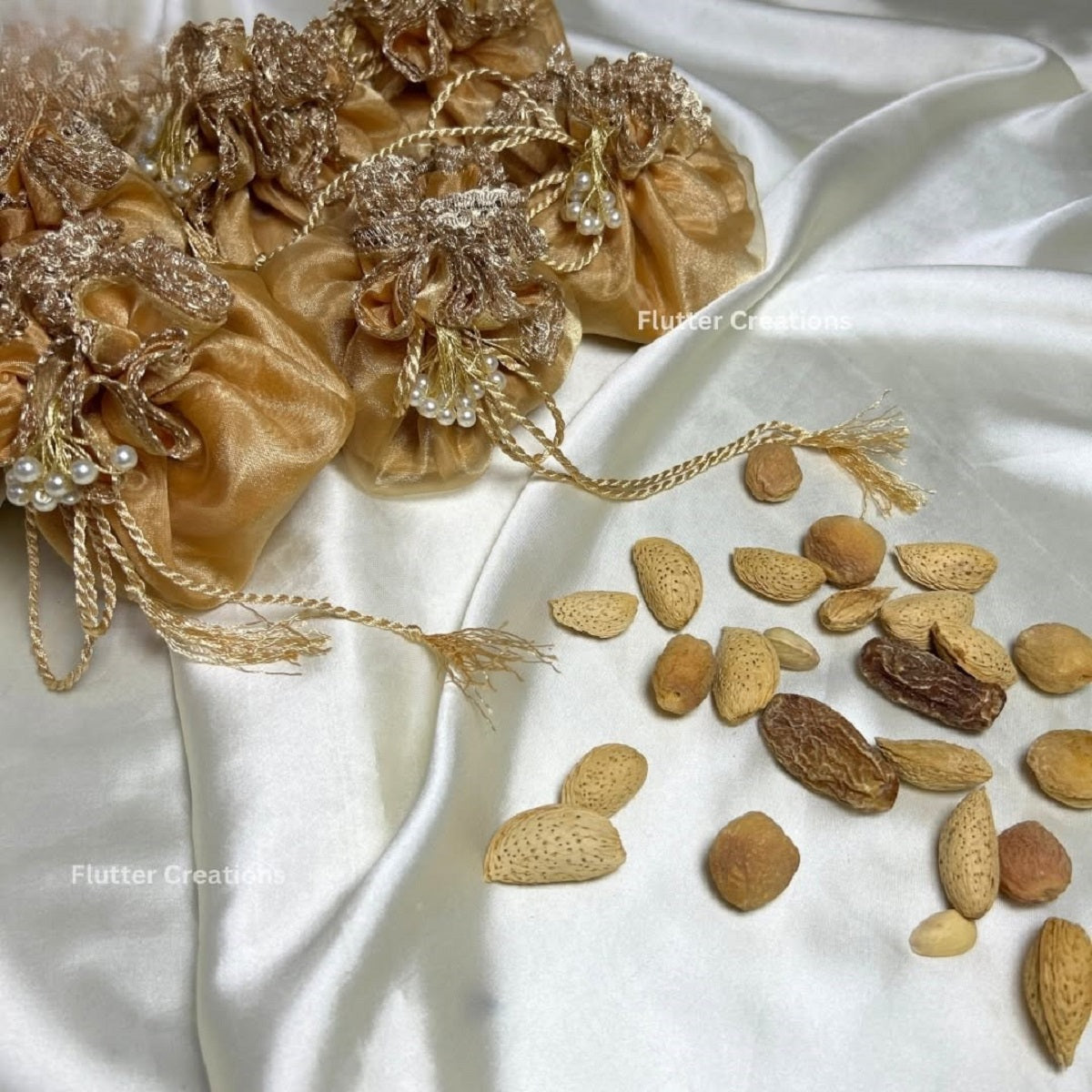 Golden Organza Potlis/Bags with Silk Lining