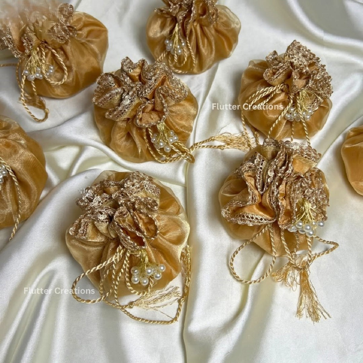 Golden Organza Potlis/Bags with Silk Lining