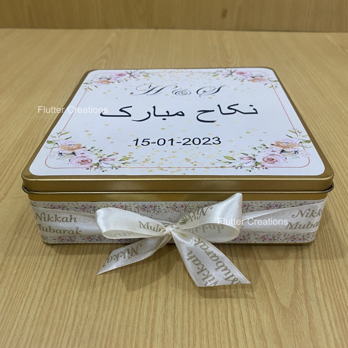 Wedding Customized Tin Box with custom ribbon Nikkah Mubarak