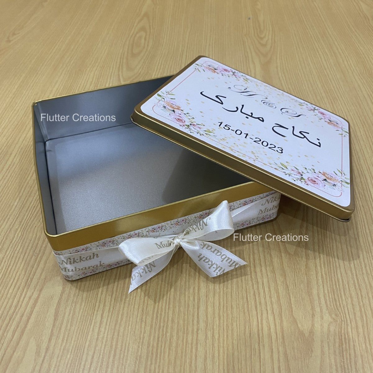 Wedding Customized Tin Box with custom ribbon Nikkah Mubarak