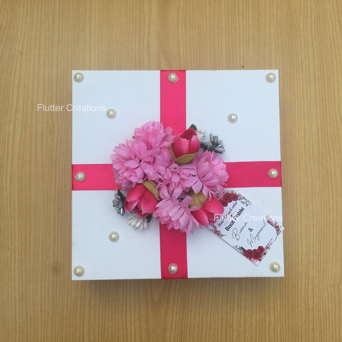 White Box with centre flowers and pearls