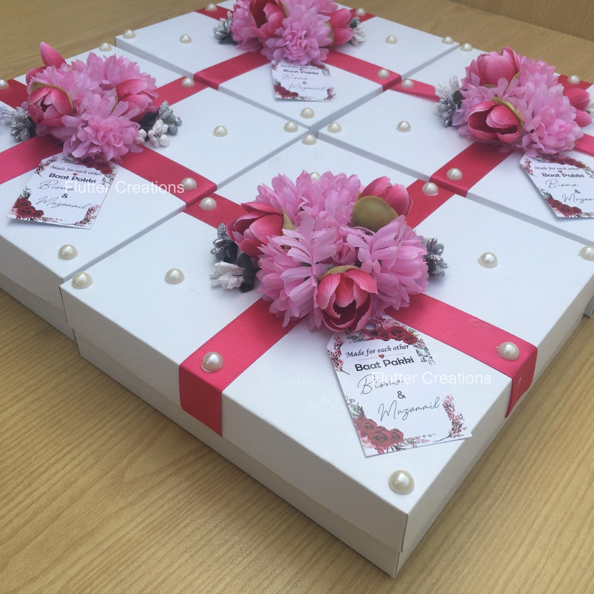 White Box with centre flowers and pearls