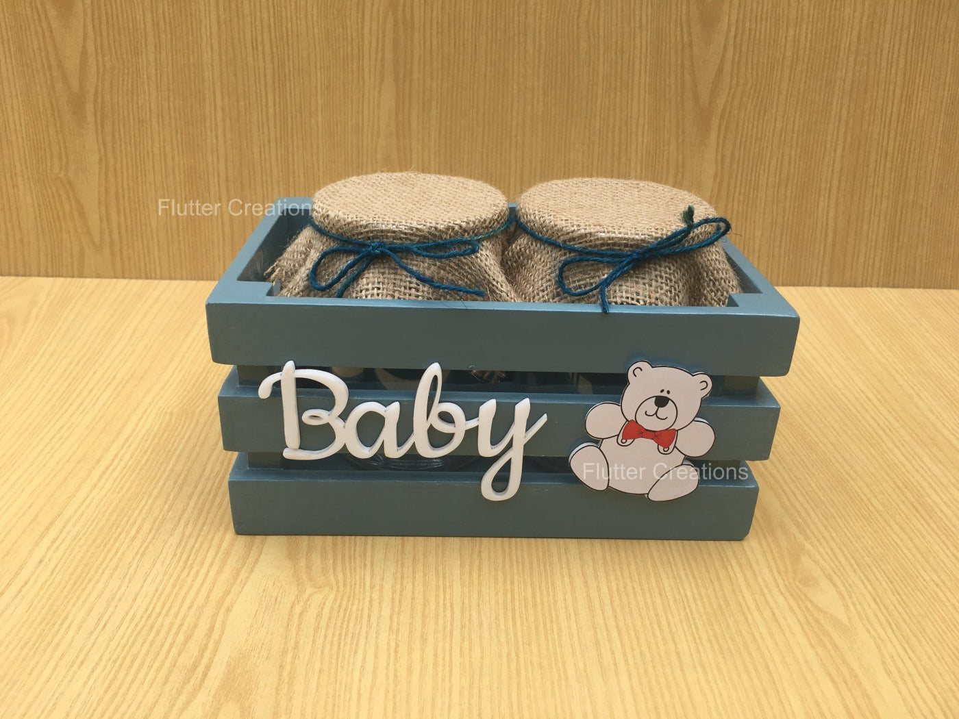 Wooden Crate/Basket with Baby Cutout & Teddy Bear