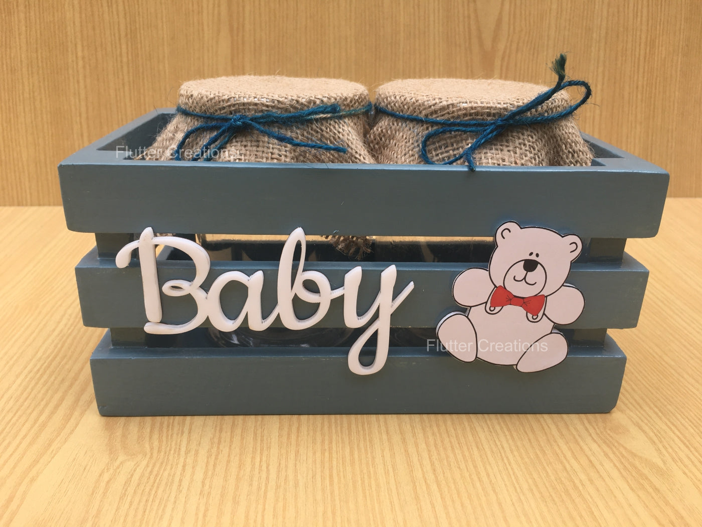 Wooden Crate/Basket with Baby Cutout & Teddy Bear