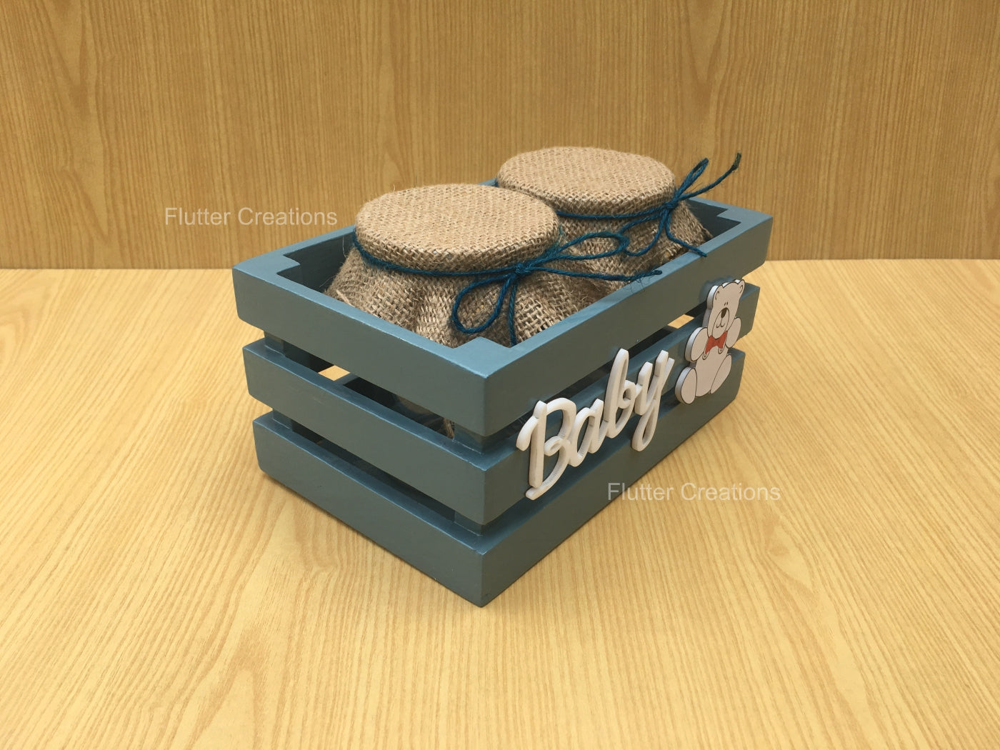 Wooden Crate/Basket with Baby Cutout & Teddy Bear