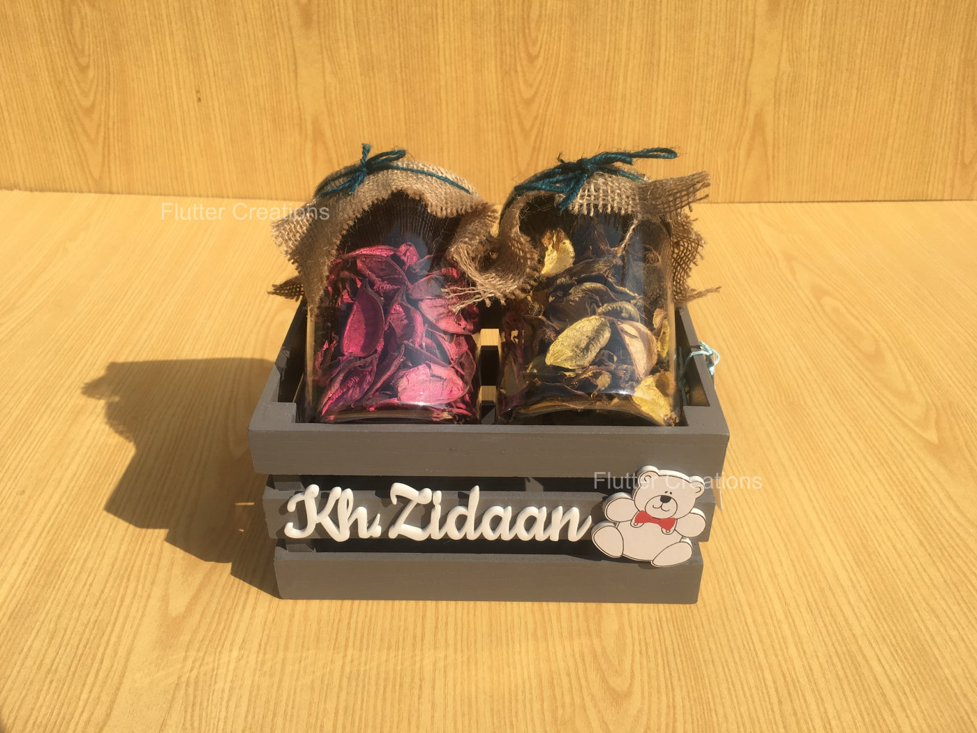 Wooden Crate/Basket with Kh.Zidaan Cutout & Teddy Bear