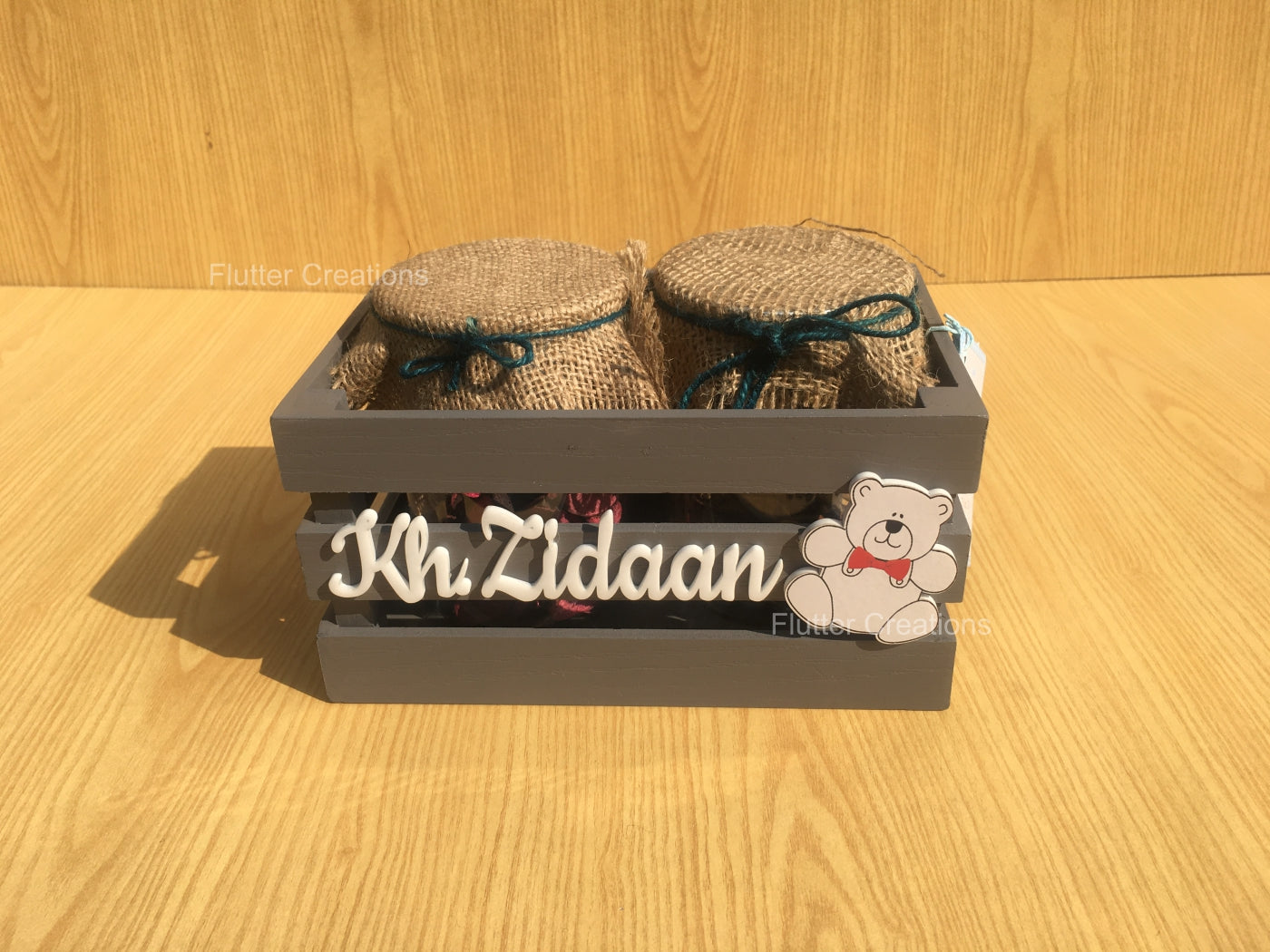 Wooden Crate/Basket with Kh.Zidaan Cutout & Teddy Bear