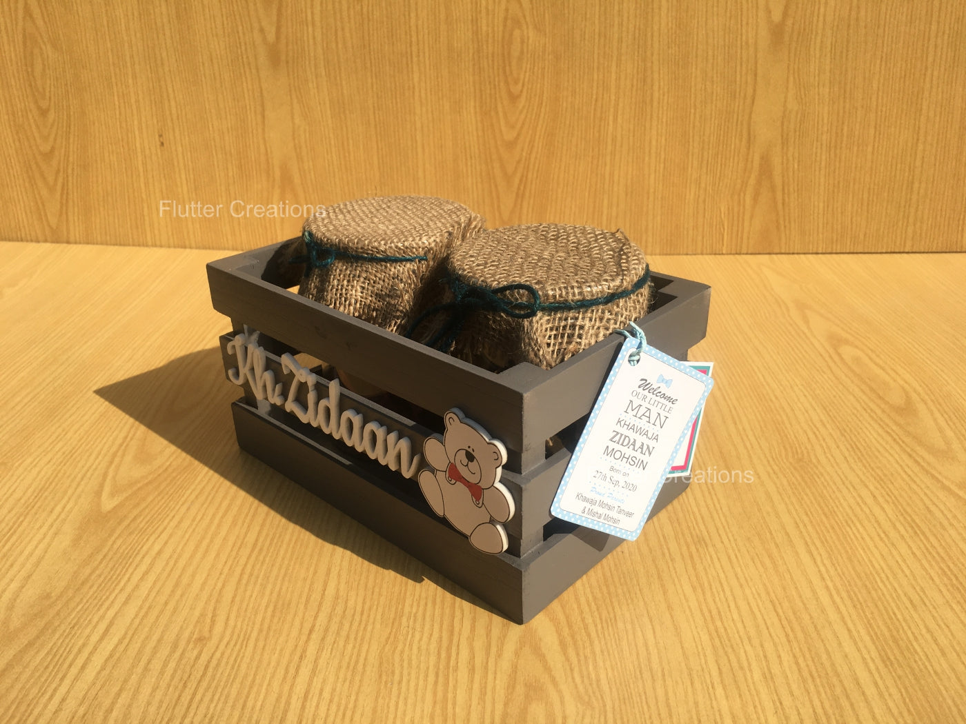 Wooden Crate/Basket with Kh.Zidaan Cutout & Teddy Bear