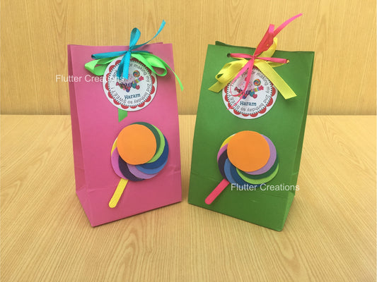 Candyland Boxes with lollipop, tag & ribbon