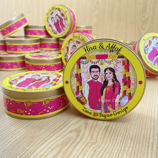 Wedding Customized Tin Bidh Box with Custom Illustration of Bride & Groom